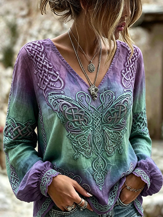 Women's Vintage Viking Celtic Butterfly Art Print Cotton-Linen Shirt