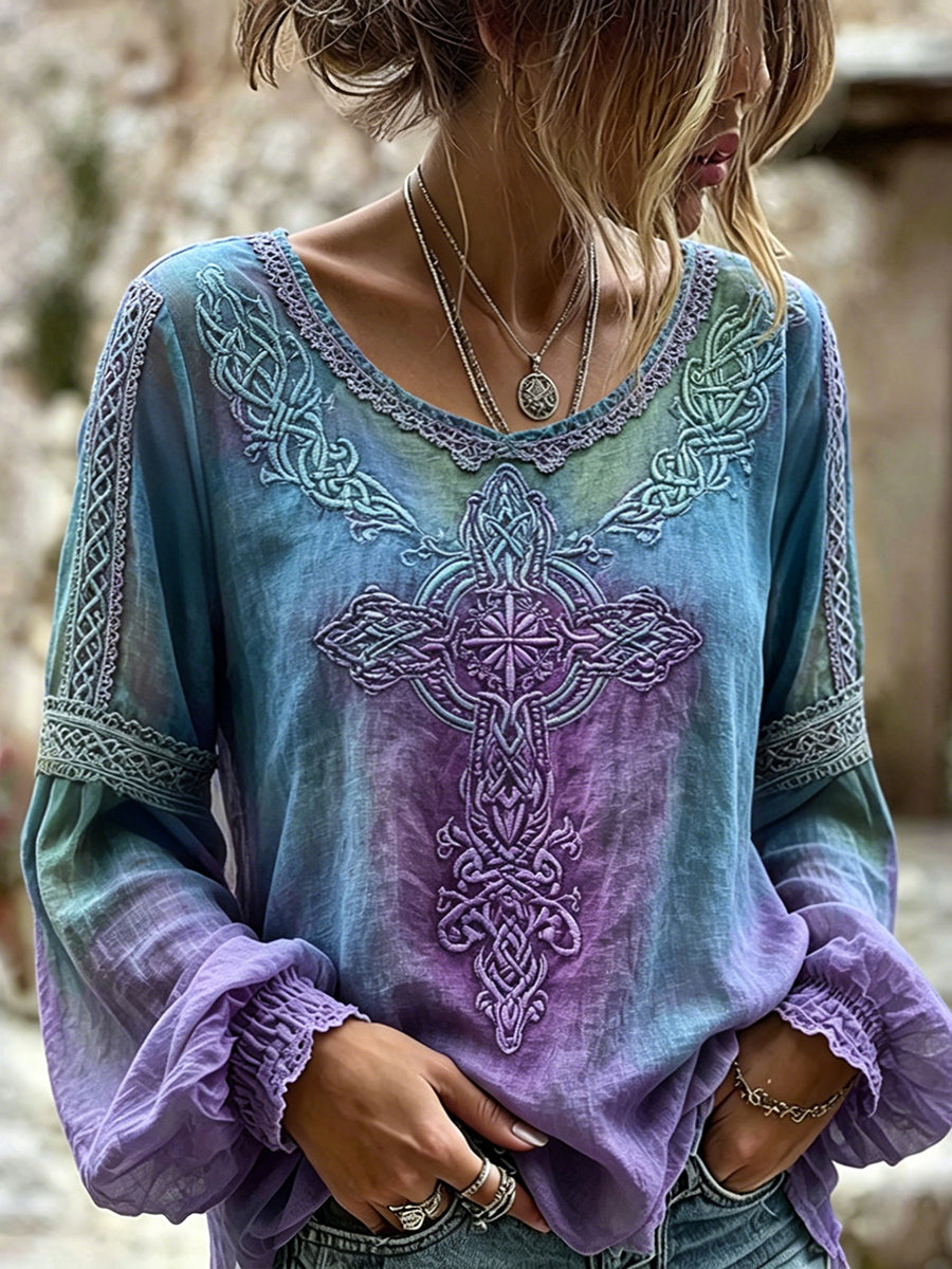 Women's Vintage Viking Celtic Knot Pattern Print Cotton-Linen Shirt