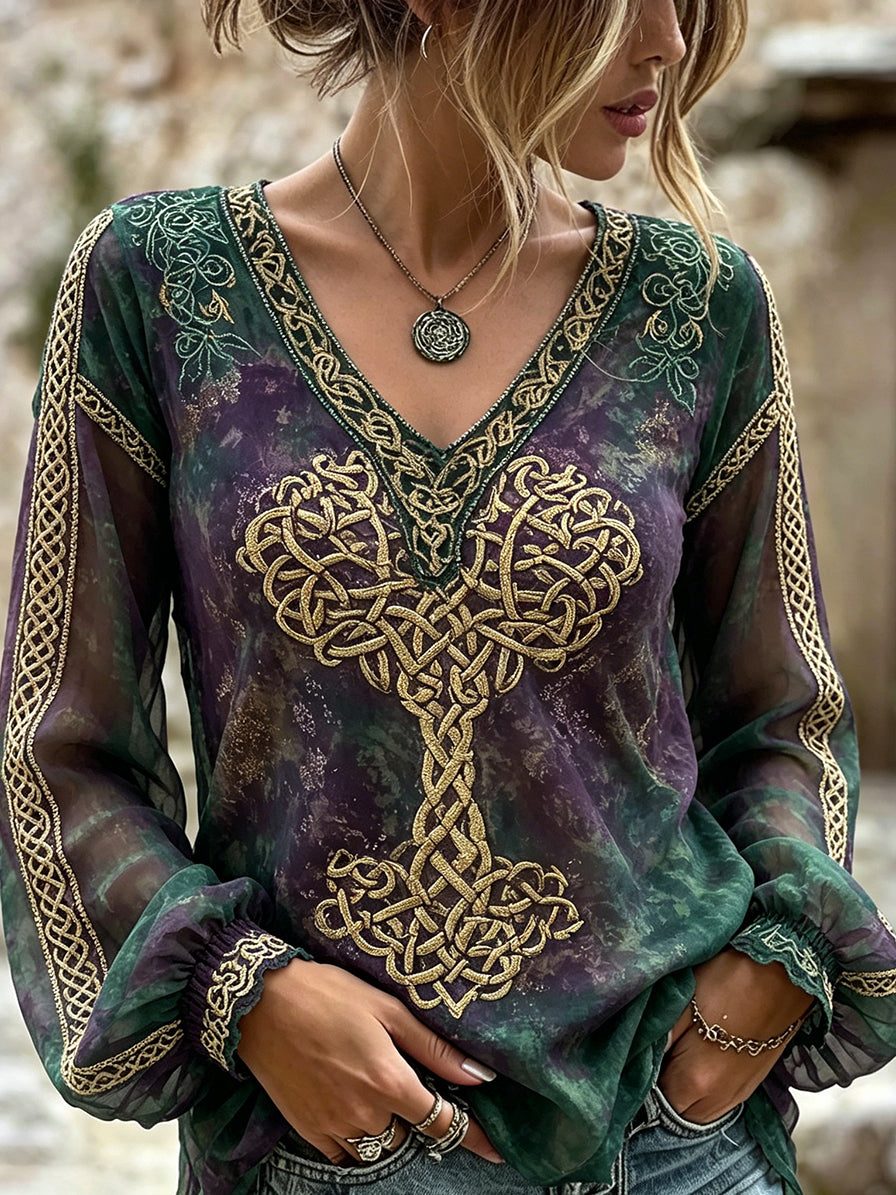 Women's Vintage Viking Tree Of Life Celtic Print Cotton-Linen Shirt