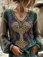 Women's Vintage Viking Tree Of Life Celtic Print Cotton-Linen Shirt