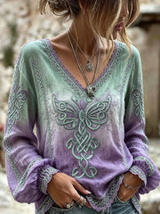 Women's Classy Viking Inspired Celtic Butterflies Print Cotton-Linen Shirt