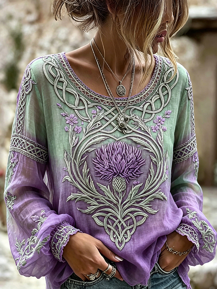 Women's Vintage Celtic Scottish Thistle Classy Print Cotton-Linen Shirt