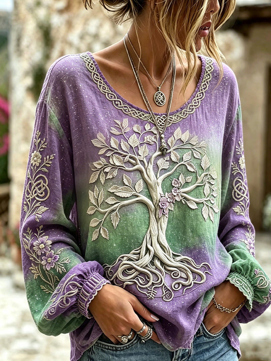 Women's Viking Plant Flower Pattern Gradient Cotton and Linen Shirt