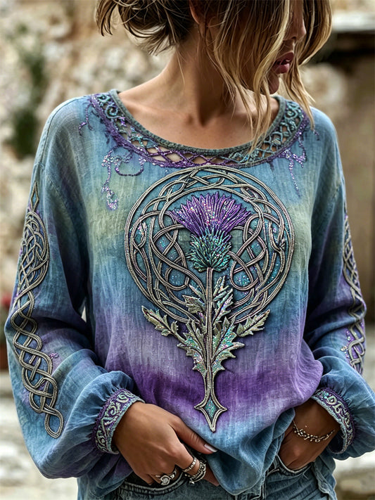 Women's Classy Thistle Celtic Knot Print Gradient Color Cotton-Linen Shirt