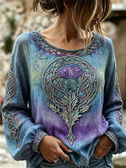 Women's Classy Thistle Celtic Knot Print Gradient Color Cotton-Linen Shirt