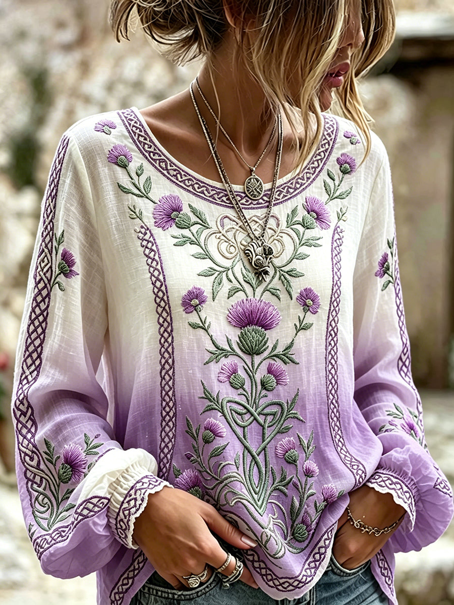 Women's Vintage Viking Celtic Scottish Thistle Print Gradient Cotton-Linen Shirt