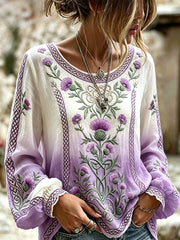Women's Vintage Viking Celtic Scottish Thistle Print Gradient Cotton-Linen Shirt