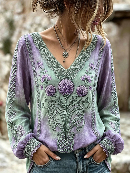 Women's Vintage Viking Inspired Celtic Scottish Thistle Print Cotton-Linen Shirt
