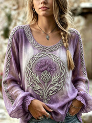 Women's Classy Viking Celtic Scottish Thistle Print Cotton-Linen Shirt