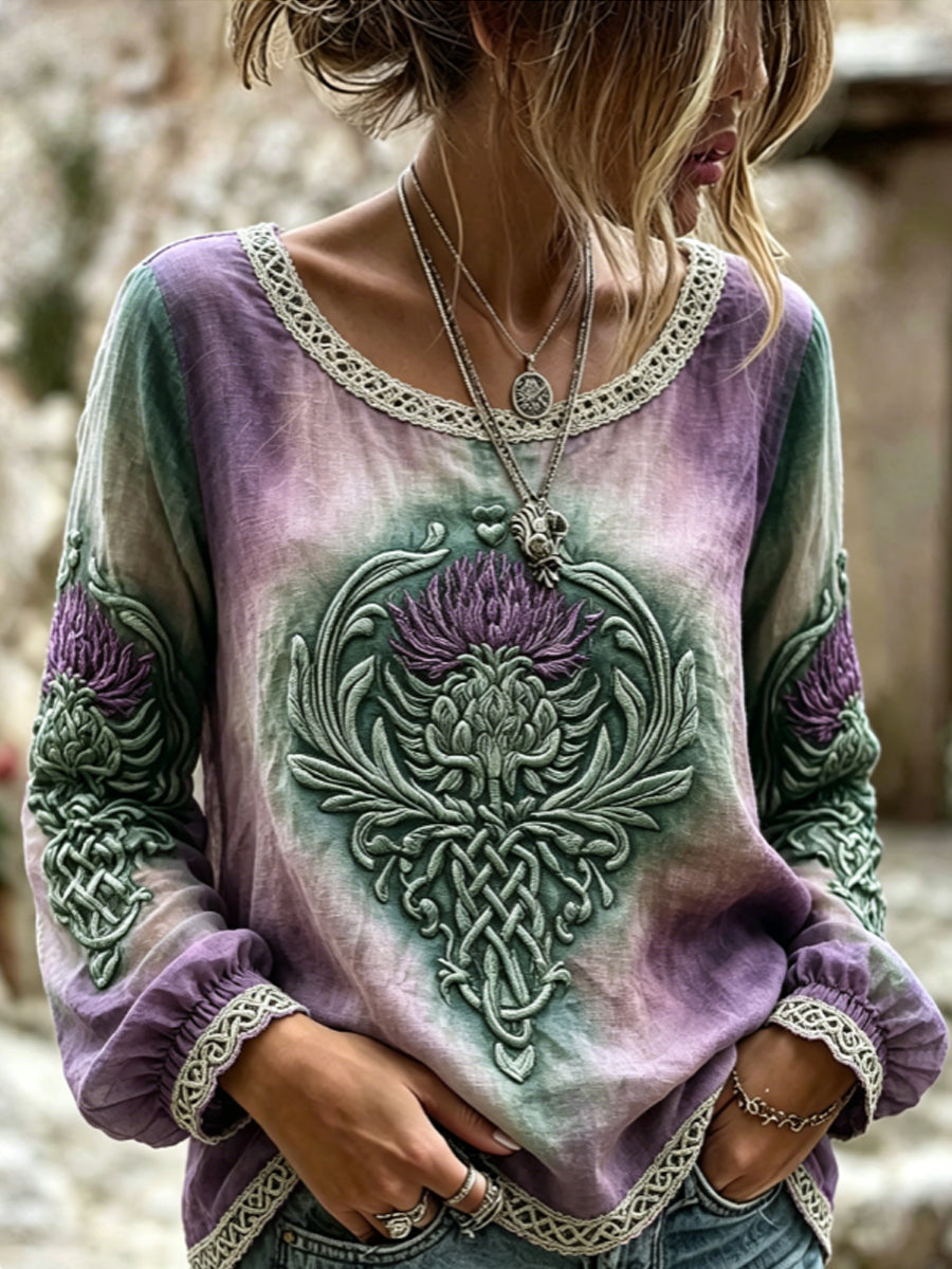 Women's Classy Viking Inspired Celtic Scottish Thistle Print Cotton-Linen Shirt
