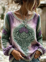 Women's Classy Viking Inspired Celtic Scottish Thistle Print Cotton-Linen Shirt