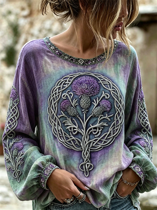 Women's Classy Scotland Thistle Celtic Knot Print Cotton-Linen Shirt