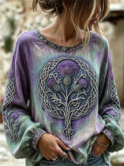 Women's Classy Scotland Thistle Celtic Knot Print Cotton-Linen Shirt