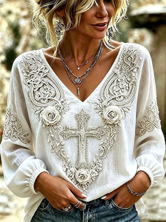 Women's Flower Cross Cotton-Linen Shirt