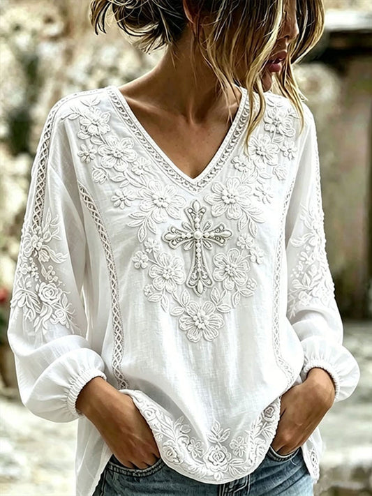 Women's Flower Cross Cotton-Linen Shirt
