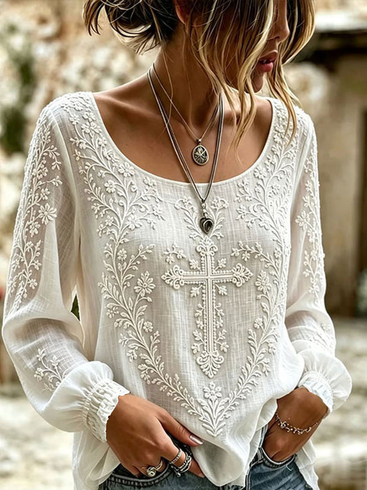 Women's Flower Cross Cotton-Linen Shirt