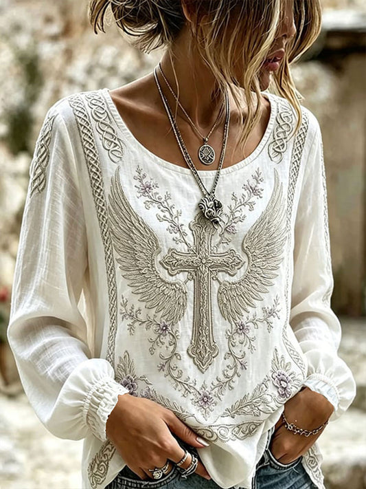 Women's Flower Cross Cotton-Linen Shirt