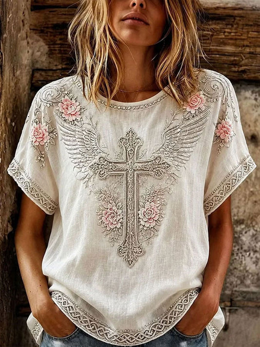 Women's Flower Cross Cotton-Linen Shirt