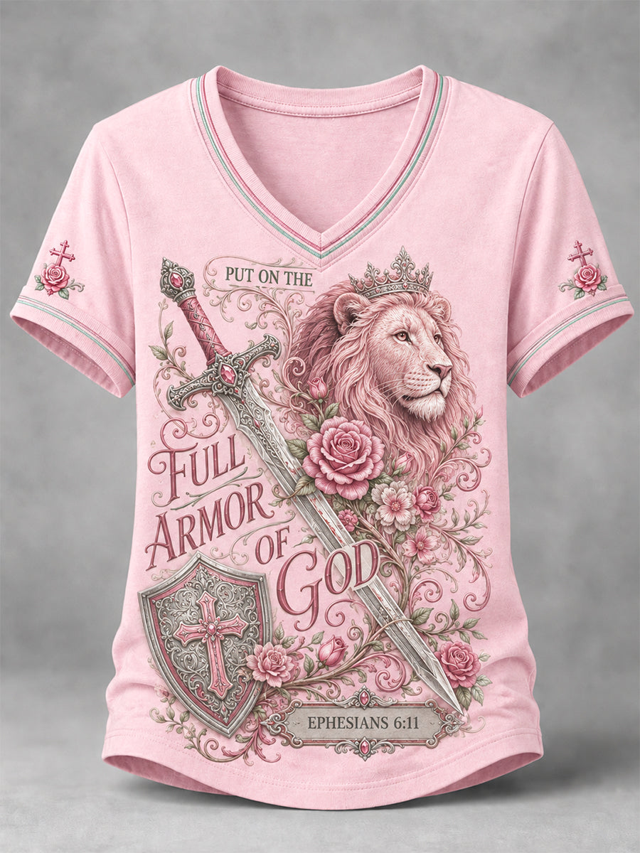 Women's PUT ON THE FULL ARMOR OF GOD Lion Print Casual V-Neck Tee