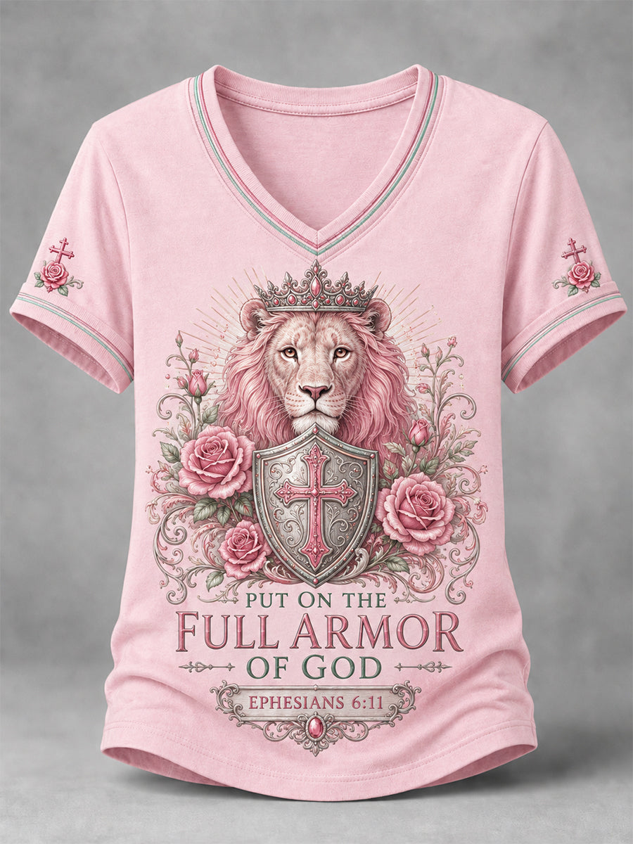 Women's PUT ON THE FULL ARMOR OF GOD Lion Print Casual V-Neck Tee