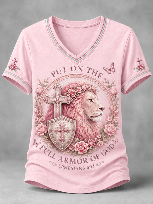 Women's PUT ON THE FULL ARMOR OF GOD Lion Print Casual V-Neck Tee
