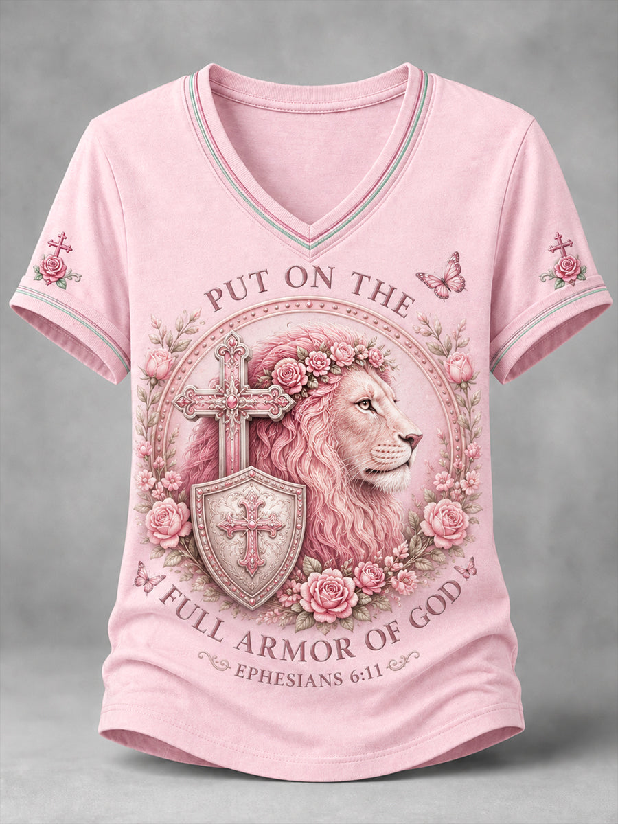 Women's PUT ON THE FULL ARMOR OF GOD Lion Print Casual V-Neck Tee