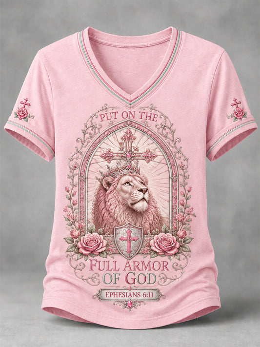 Women's PUT ON THE FULL ARMOR OF GOD Lion Print Casual V-Neck Tee
