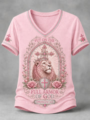 Women's PUT ON THE FULL ARMOR OF GOD Lion Print Casual V-Neck Tee