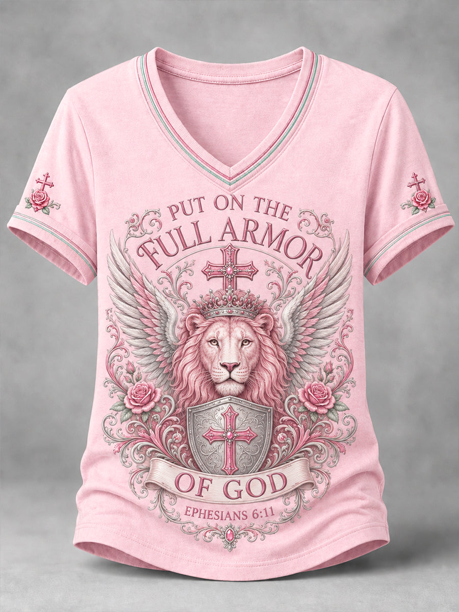 Women's PUT ON THE FULL ARMOR OF GOD Lion Print Casual V-Neck Tee