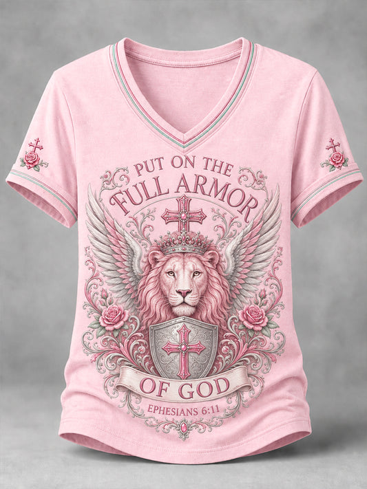Women's PUT ON THE FULL ARMOR OF GOD Lion Print Casual V-Neck Tee