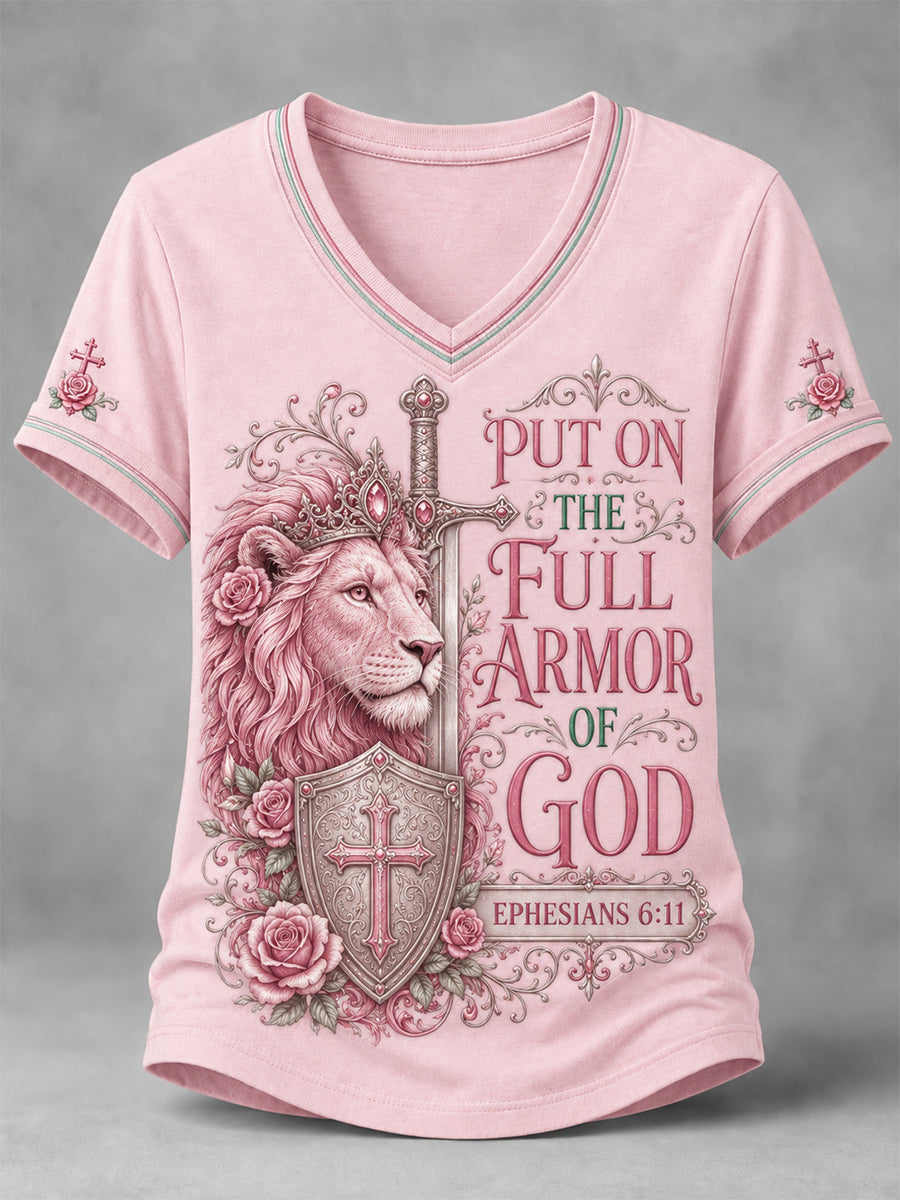Women's PUT ON THE FULL ARMOR OF GOD Lion Print Casual V-Neck Tee