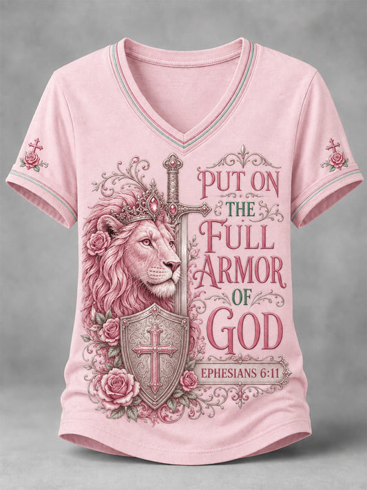 Women's PUT ON THE FULL ARMOR OF GOD Lion Print Casual V-Neck Tee
