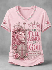 Women's PUT ON THE FULL ARMOR OF GOD Lion Print Casual V-Neck Tee