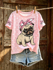 Women's cute dog pattern printed casual short-sleeve T-shirt