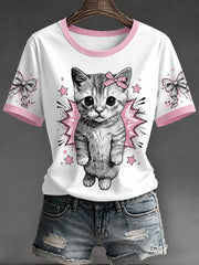 Women's Casual T-Shirt with Cat Pop Art Print