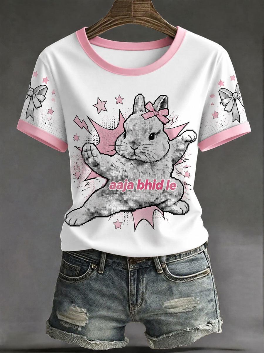 Women's Casual T-Shirt with Pop-Art Style Rabbit Print