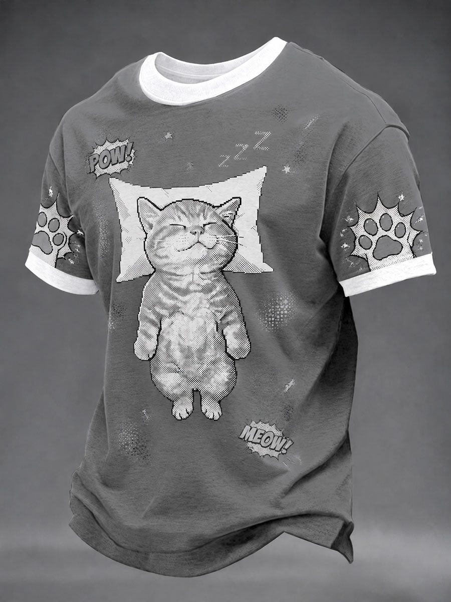 Men's Pop-Art Cat Print Casual Unisex T-Shirt