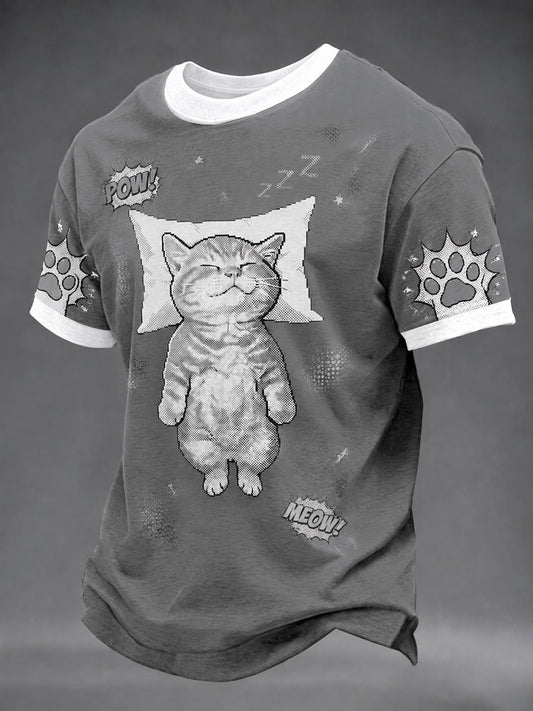 Men's Pop-Art Cat Print Casual Unisex T-Shirt