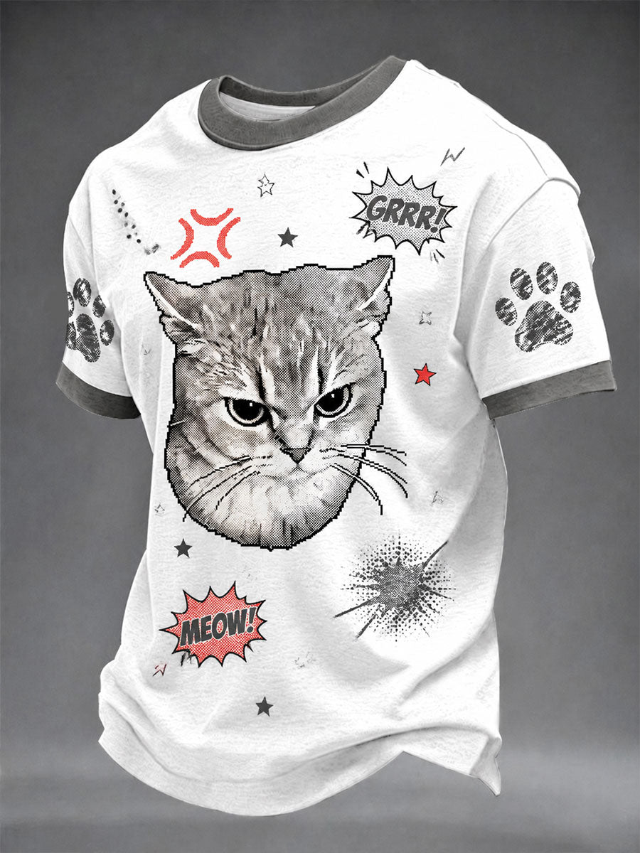 Men's Pop-Art Cat Print Casual Unisex T-Shirt