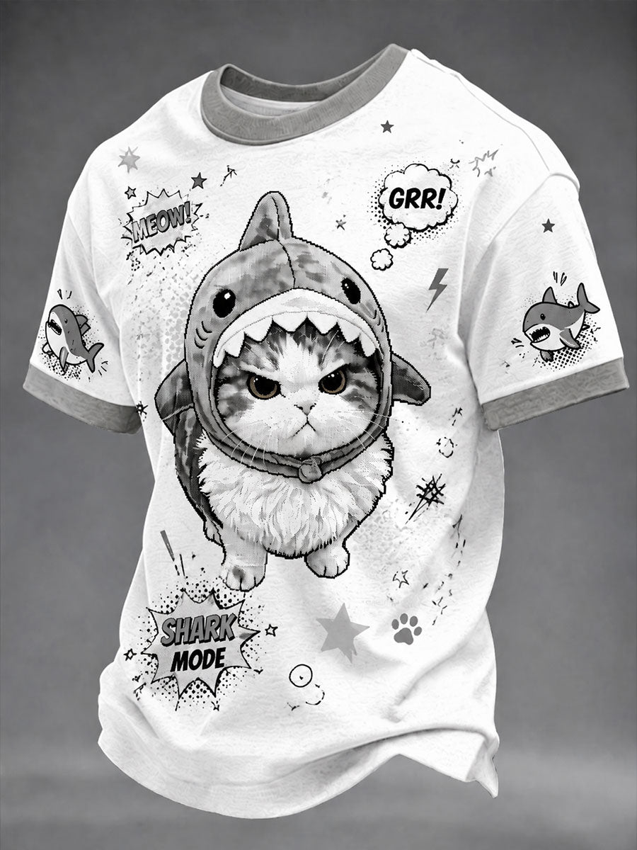 Men's Pop-Art Cat Print Casual Unisex T-Shirt