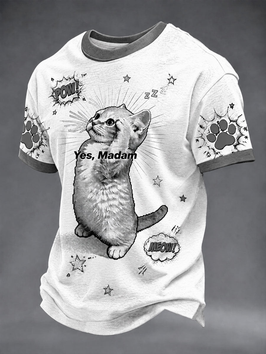 Men's Pop-Art Cat Print Casual Unisex T-Shirt