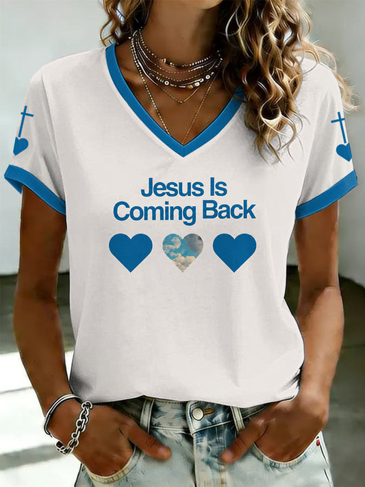 Women's Jesus Is Coming Back Printed V-neck T-shirt