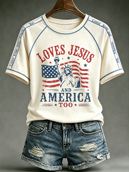 Women's Loves Jesus and America Too round neck short sleeve T-shirt