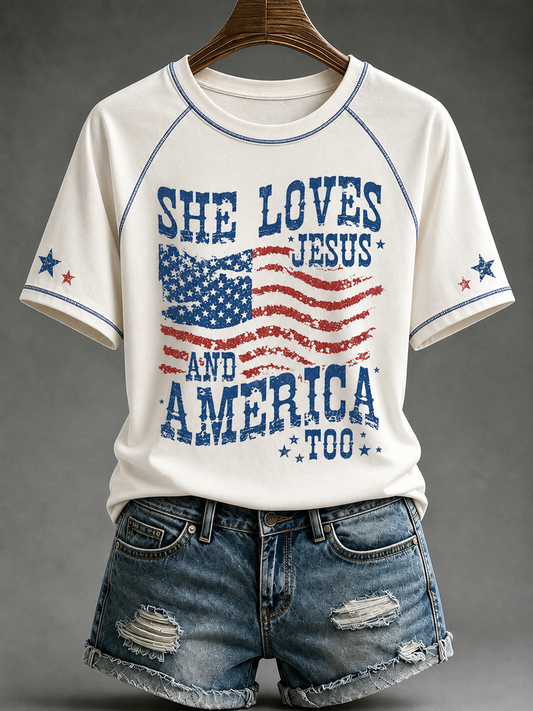 Women's Loves Jesus and America Too round neck short sleeve T-shirt