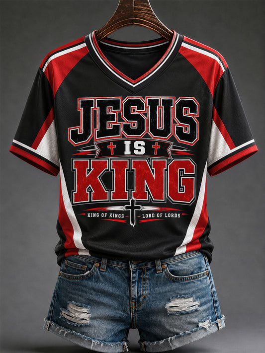 Women's Jesus Is King Print Casual V-Neck Tee