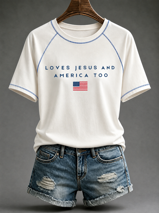 Women's Loves Jesus and America Too round neck short sleeve T-shirt