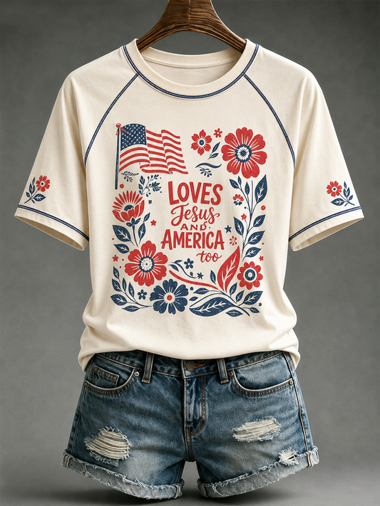 Women's Loves Jesus and America Too round neck short sleeve T-shirt