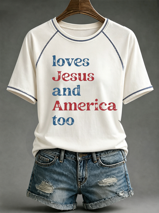 Women's Loves Jesus and America Too round neck short sleeve T-shirt