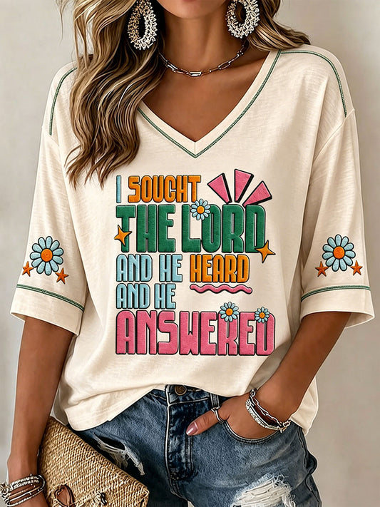 Women's "I sought the lord and he heard and he answered" V-neck T-shirts