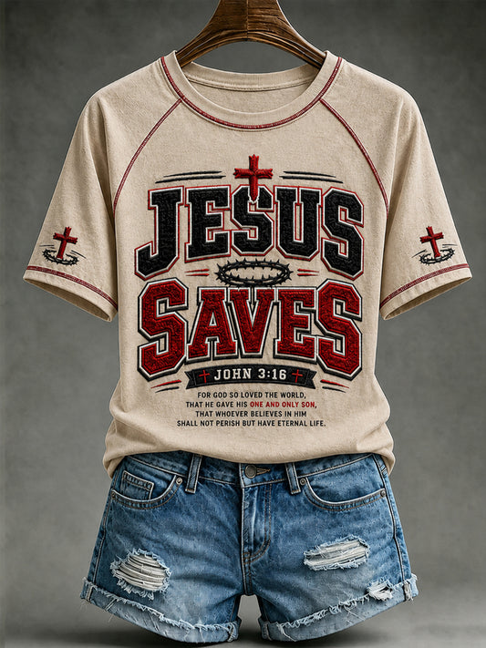 Women's Christian JESUS SAVES Cross Round Neck Short Sleeve T-shirt